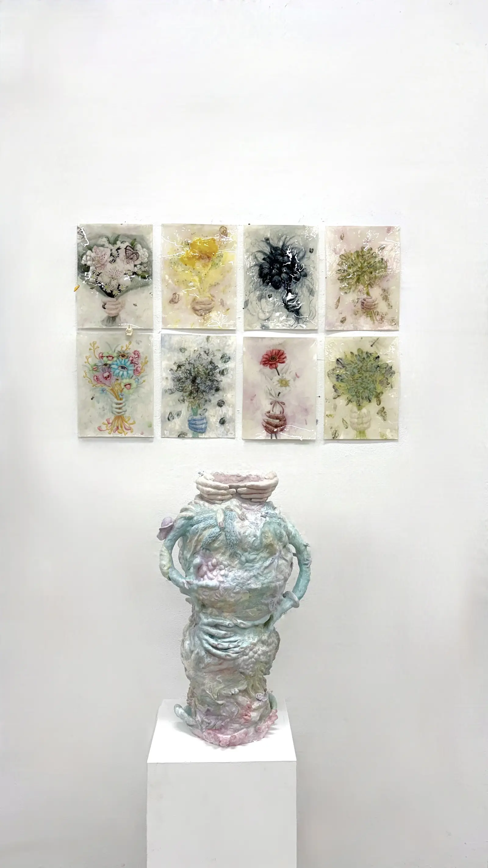 꽃의 시체 다발을 주고받는 것의 기쁨 / 이우주에서 / 나는너와 / 함께있고싶어 / 언제까지나.. / ...… / 언제까지나… / ..… / ! - 김상우